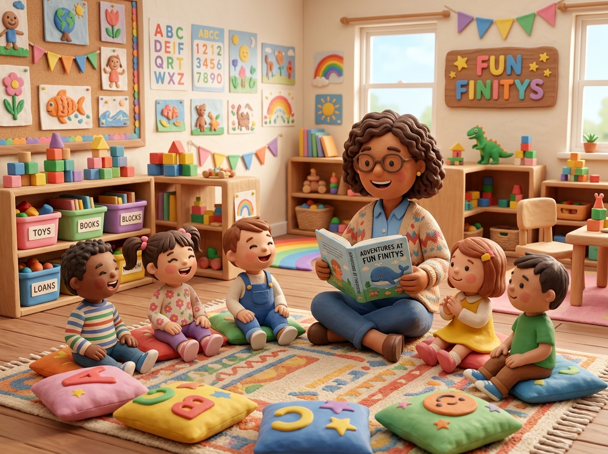 Teacher reading storybook to preschool kids